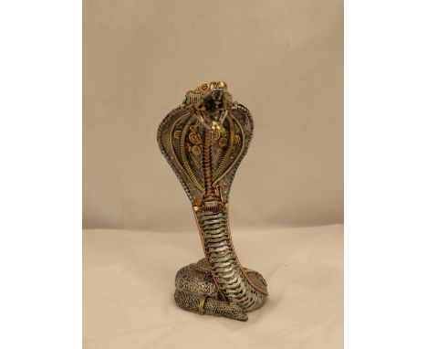 A STEAM PUNK MODEL OF A GOLD AND SILVER COLOURED COBRA, HEIGHT 33CM 