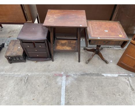 A SMALL STOOL, CENTRE TABLE, MAGAZINE RACK/CHEST AND SMALL SOFA TABLE 