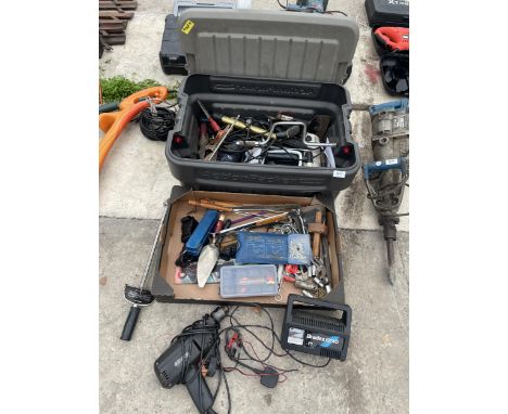 AN ASSORTMENT OF HAND TOOLS AND POWER TOOLS TO INCLUDE A DRILL, SOCKETS, ETC 