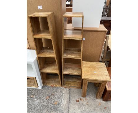 A PAIR OF HARDWOOD PYRAMID SHELVES AND SIMILAR LAMP TABLE 