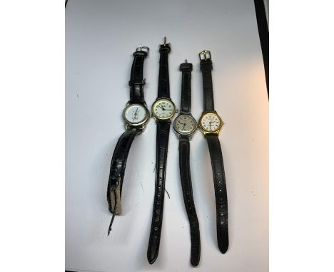 FOUR LADIES WATCHES ON LEATHER STRAPS TO INCLUDE A VINTAGE SMITHS WATCH, LORUS, REFLEX, ETC 