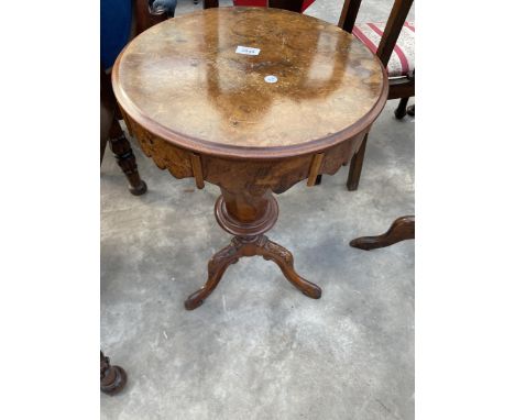 A VICTORIAN WALNUT WORK TABLE ON TRIPOD BASE 