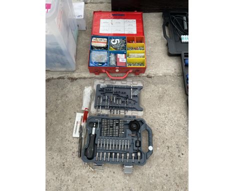 AN ASSORTMENT OF TOOLS AND HARDWARE TO INCLUDE A SCREW DRIUVER TIP SET AND AN ASSORTMENT OF SCREWS ETC 