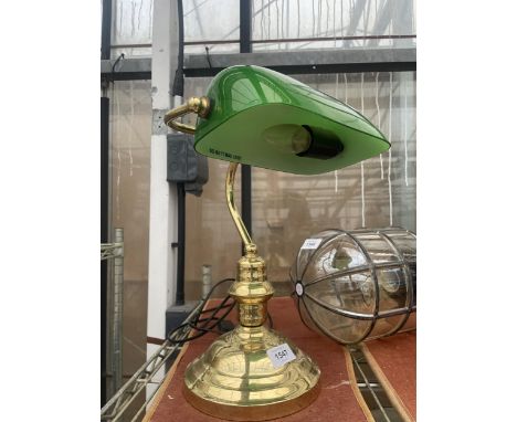 A BRASS BANKERS LAMP WITH GREEN GLASS SHADE 