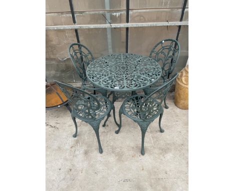 A VINTAGE STYLE GARDEN BISTRO SET COMPRISING OF A ROUND TABLE AND FOUR CHAIRS 