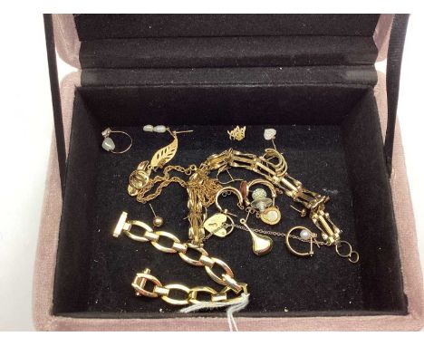 "375" and Other Earrings, (some odd), gilt metal bracelets, etc, contained in a plush trinket box.