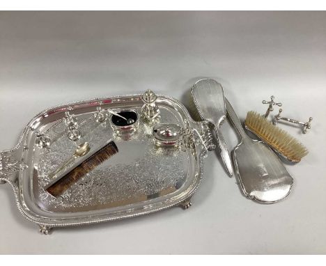 A Hallmarked Silver Backed Dressing Table Set, with engine turned decoration; together with a decorative plated tray, with le