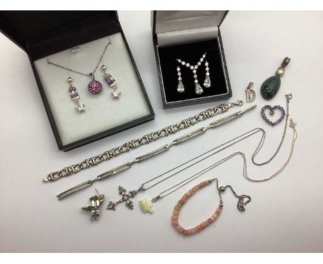 A Small Collection of Stone Set Jewellery, to include necklace and earring set of drop design, a monogram pendant, a bracelet