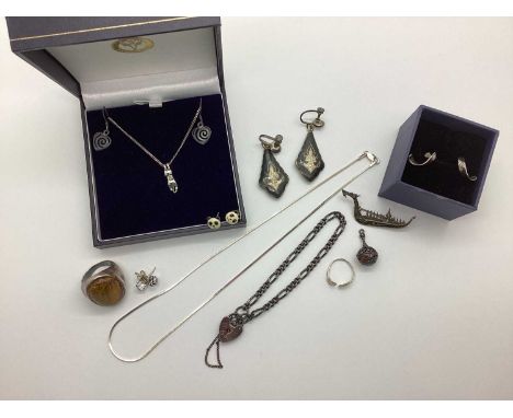A Figaro Link Bracelet to Heart Shape Padlock Clasp and Safety Chain Stamped "925", together with a small collection of jewel