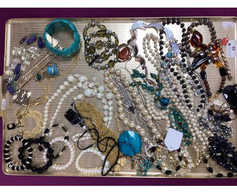 A Collection of Costume Jewellery, to include, gilt coloured multi-row necklace, diamanté necklace, imitation pearl bead brac