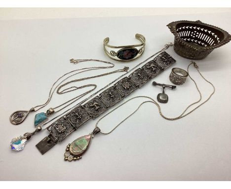 A Small Collection of Modern Hallmarked Silver, "925" and Other Jewellery, including pendants on chains, a large oval ring, a