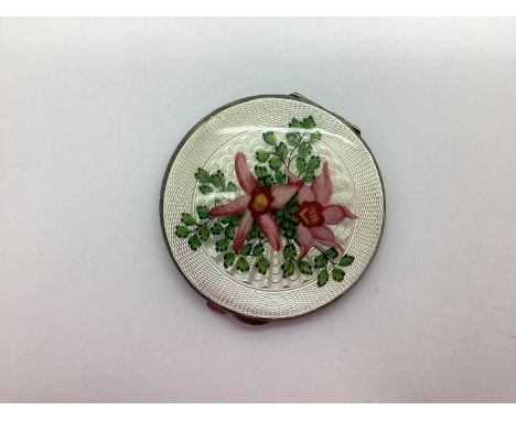 A Decorative Hallmarked Silver and Enamel Powder Compact, JG Ltd, Birmingham 1952, detailed to the front with flowers, highli