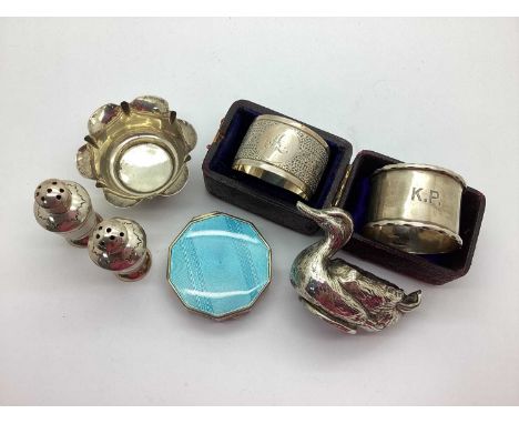 A Hallmarked Silver and Enamel Box / Compact, highlighted in pale blue, 5cm; together with a novelty hallmarked silver duck (