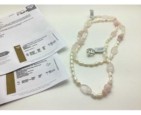 The Genuine Gemstone Company Ltd; A Modern Rose Quartz and Freshwater Pearl Bead Necklace, together with a modern "925" silve