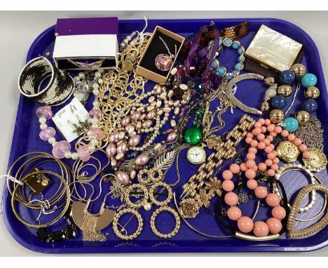 A Collection of Modern Costume Jewellery; to include gilt coloured bracelets, statement drop earrings, gemstone chip necklace