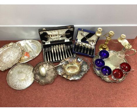 Assorted Plated Ware, including cased and loose cutlery, trays and platters, twin branch candelabrum, glass ewer, salver with