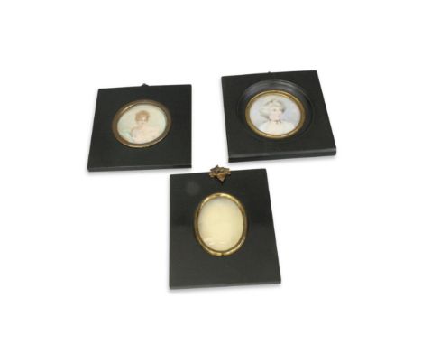 miniature portrait of a lady, mixed media on ivory, contained within a frame together with another similar portrait and an ad