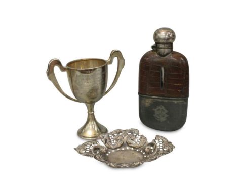 together with a Birmingham silver pin dish and a silver plated and leather bound hip flask (3)