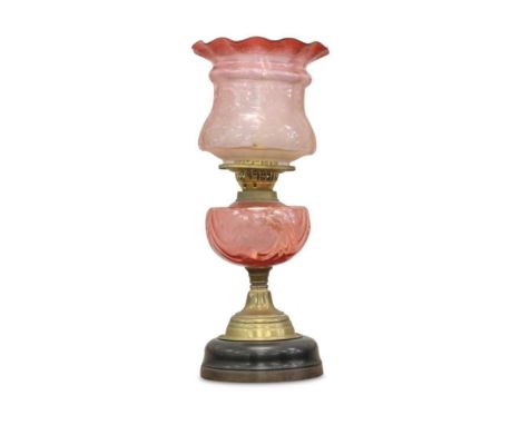the etched glass lamp with shade and reservoir raised on an ebony base, 55 cm high