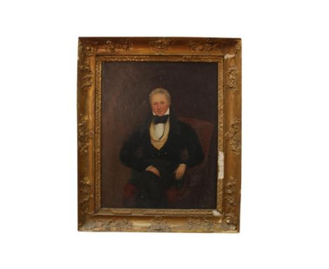 portrait of a seated gent in period dress, oil on board, unsigned in a gilt frame, together with a card naming the sitter as 