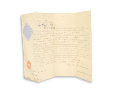 appointing Percy George Barnes 2nd Lieutenant, Middlesex Regiment, dated 20th September 1892, signed Victoria. Barnes was sub