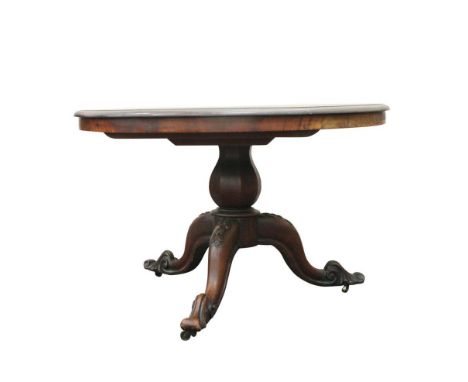 of circular form, the moulded top above a plain frieze on a central panelled support terminating in a tripod base with scroll