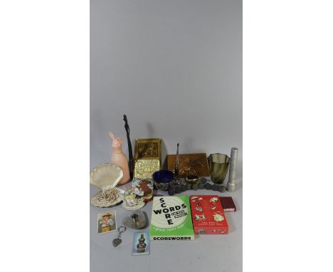 A Tray of Curios to Include Shell Post Card Box, Vintage Milk Bottle, Tin, Brassware etc 