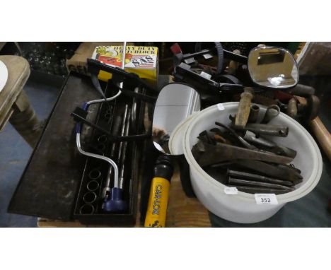 A Collection of Various Workshop Tools, Caravan Mirrors, Hitch Lock etc 