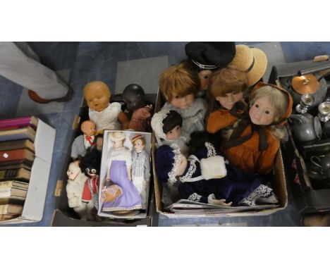 Two Boxes Containing Ceramic Head Dolls, Vintage Dolls Etc 