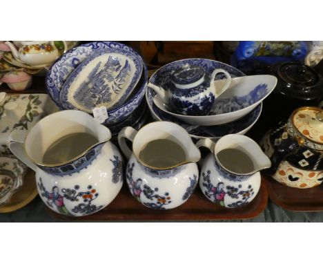 A Set of three Losol Ware Graduated Jugs and Collection of Blue and White China to Include Flow Blue Teapot, Copeland Spode I