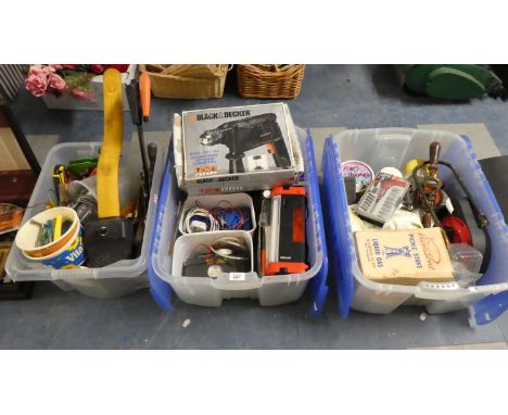Three Boxes of Various Hand Tools, Amp Meter, Hammer Drill, Battery Charger etc 