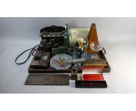 A Tray of Curios to Include Plaster Figure of Winston Churchill, Marble Stop Bottle, Metronome, Binocular, Model Anvil. Date 