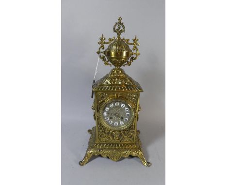 A French Brass Mantle Clock the Dial with Ceramic Roman Numerals, Vase Finial, 48cm High, Striking but Movement Requires Atte