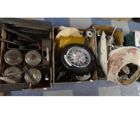 Three Boxes of Sundries to Include Glass Oil Bottles, Vintage Tools, Wall Clocks, Table Lamps 