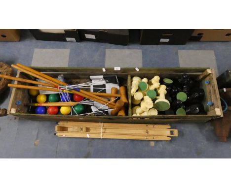 A Box of Garden Games to Include Croquet, Chess etc Together with an Artists Easel 