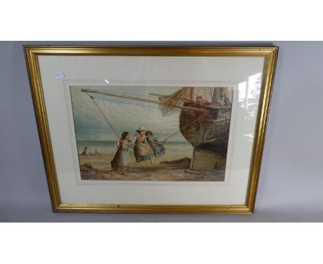 A Framed Print Depicting Children Playing on Boat on the Beach, 44.5cm Wide 