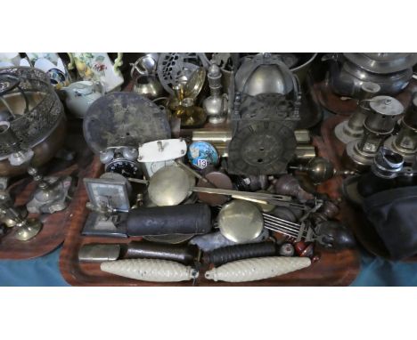 A Tray of Various Clock Parts, Clock Weights, Brass Lantern Clock Body Etc 