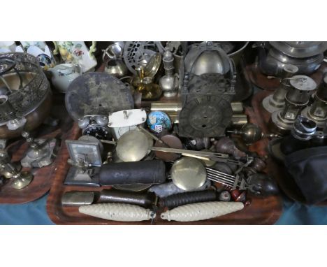 A Tray of Various Clock Parts, Clock Weights, Brass Lantern Clock Body Etc 