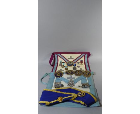 A Collection of Masonic Ephemera to Include Embroidered Badges, Apron, Sash Etc 