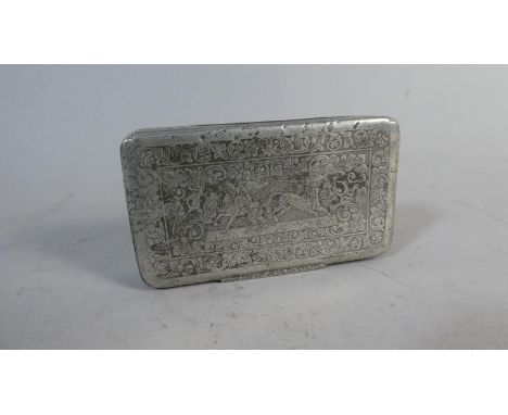 A Pewter Snuff Box with Engraved Scene Depicting Mounted Horseman Lassoing Horse, Housed in an Ornate Baroque Decorative Bord