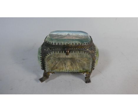 An Edwardian Souvenir Glass Trinket Box with Brass Binding and Lid Decorated with Scenery of 'The Irish International Exhibit