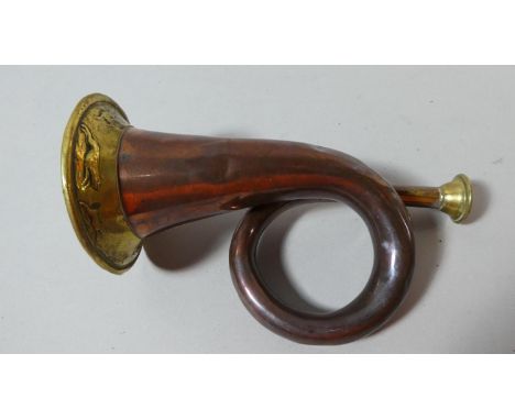 A Miniature Copper and Brass Horn with Moulded Decoration Depicting Stagecoach and Hunting Scene, 15.5cm High 