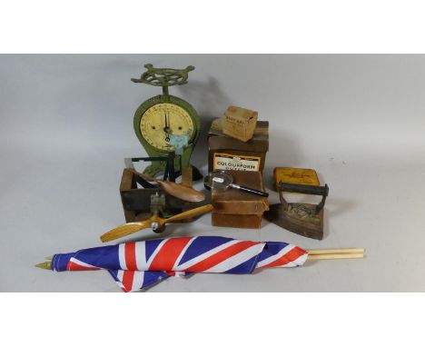 A Tray of Curios to Include Flat Irons, Postage Scales. Model Aircraft Engine etc 