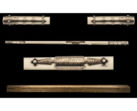 Fine Quality Victorian Conductor's Silver Mounted Ivory Baton, engraved to attached cartouche ' Presented to C.Clarke, Esq. b