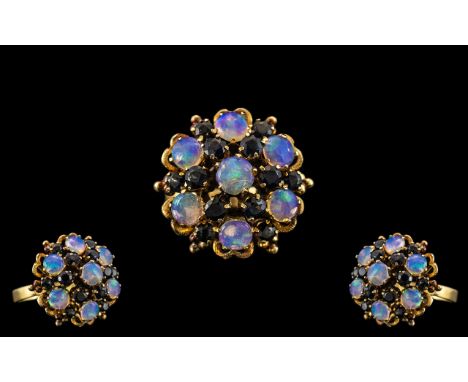 18ct Gold Impressive and Attractive Opal and Sapphire Set  Cluster Ring, marked to interior of shank, 18ct; the opals of exce