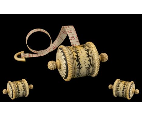 A Wonderful 19th Century Exquisite Carved Ivory Bobin - Pull Out Tape Measure Used by a Seamstress of Wonderful Design / Form