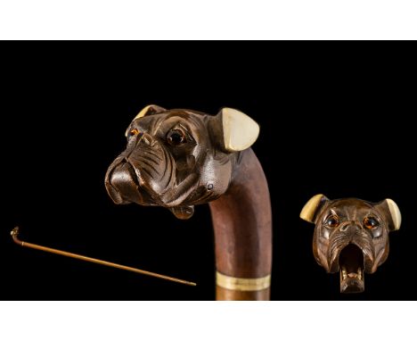 Victorian Period Superb Quality Walking Stick. The Handle In the Form of a Bulldog's Head, with Mouth That Opens and Shuts an