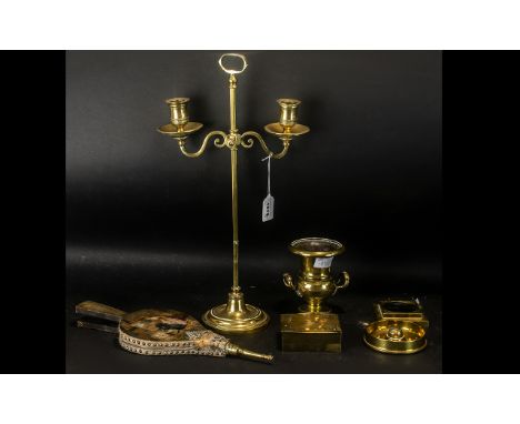 Collection of Brass Items, including Brass Double Candlestick, brass urn on base, brass box, brass shell case ash-tray, and p