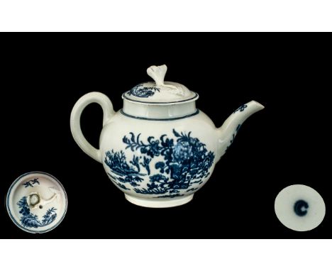 Late 18thC Worcester Underglaze Blue Melon Shaped Teapot with figures in a formal Chinese garden with pavilions; man in the m