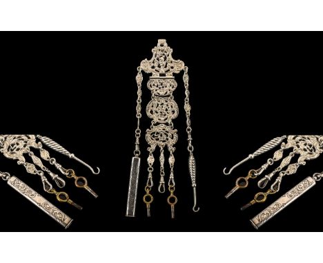 Victorian Period Superb Quality Repousse Work Sterling Silver 5 Chain Chatelaine and Attachments. Hallmark London 1899, Maker